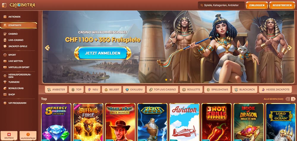 Cleobetra Casino-Startseite im altägyptischen Stil mit einem Willkommensangebot von 1100 CHF und 350 Freispielen. Die dunkle Oberfläche bietet Navigation für Slots, Live-Casino, Jackpots und beliebte Spiele wie Book of Rampage und Lord of the Ocean.